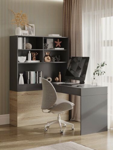 Изображение товара Стол компьютерный со стеллажом и ящиками Click, сонома/графит, 120х155х167 см