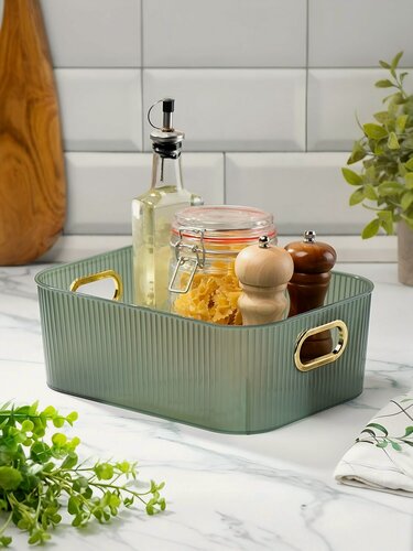 Изображение товара Корзина для хранения прямоугольная 27.6х20.9х10 см, пластиковая зеленая емкость с ручками для организации пространства Y4-7049