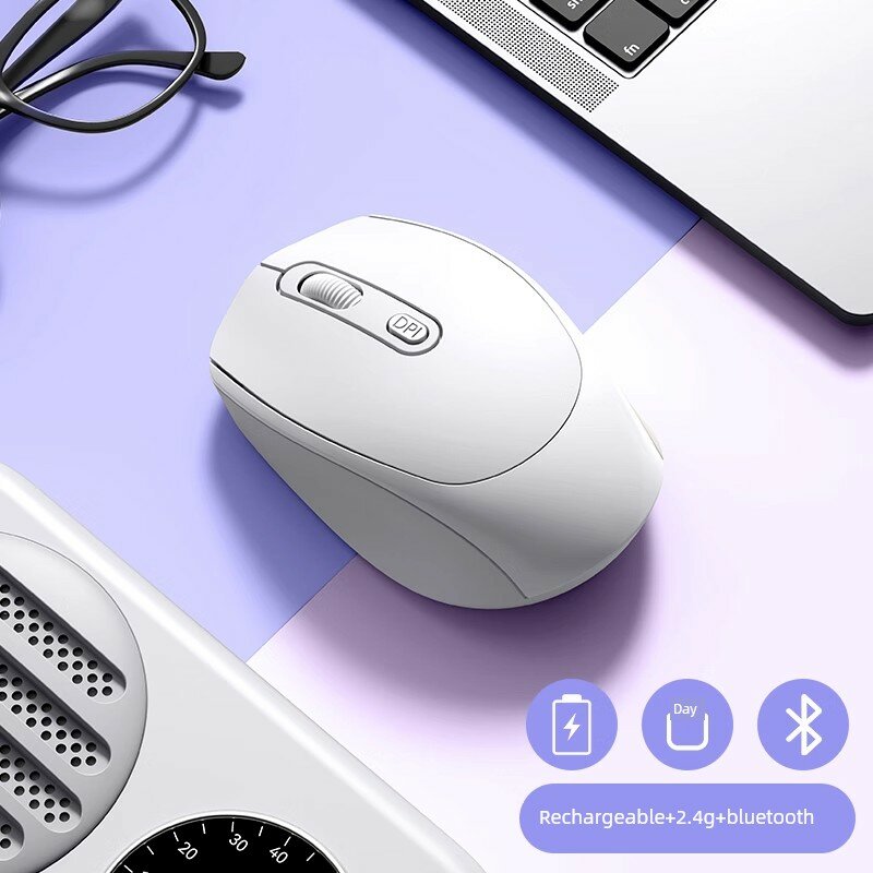 Беспроводная мышь с двойным режимом, снежно-белый, Bluetooth 2.4G, заряжаемая, долгий срок службы, тихий клик для офиса