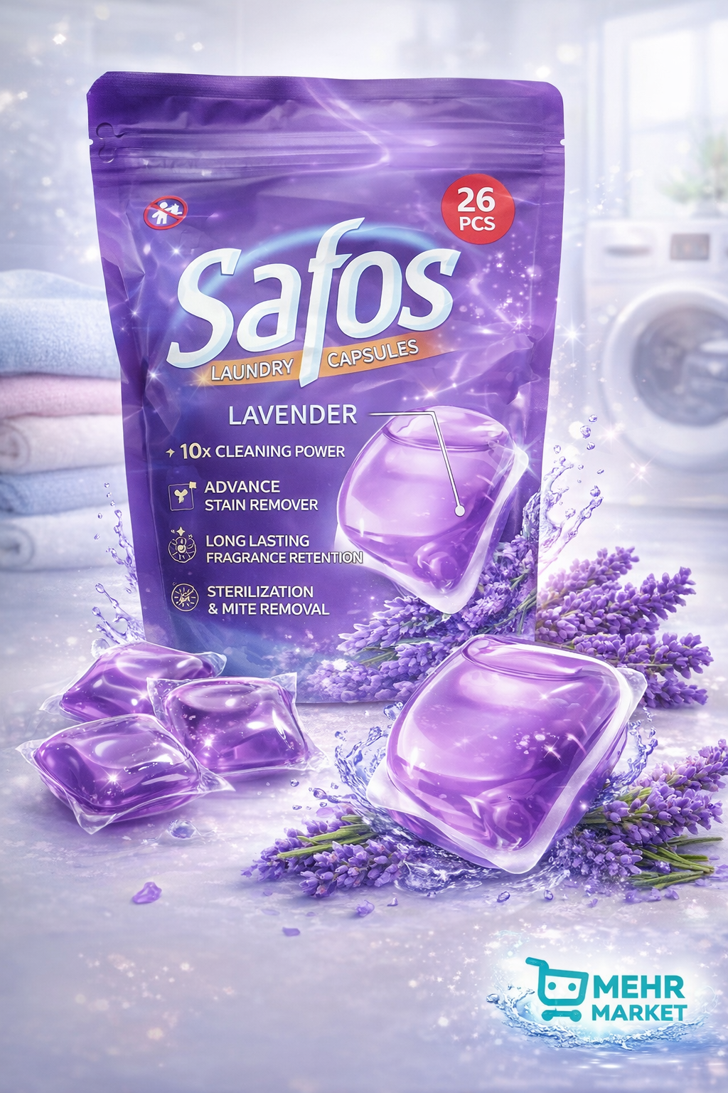 Капсулы для стирки Safos Lavender 26 шт, 10X мощность очистки, стерилизация и аромат лаванды