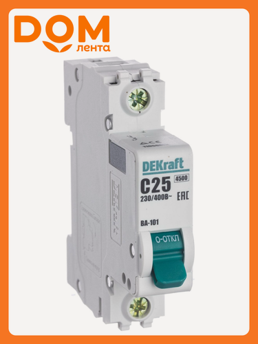 Изображение товара Автоматический выключатель DEKRAFT БА-101, 1 полюс, тип C, 25А, отключающая способность 4,5кА