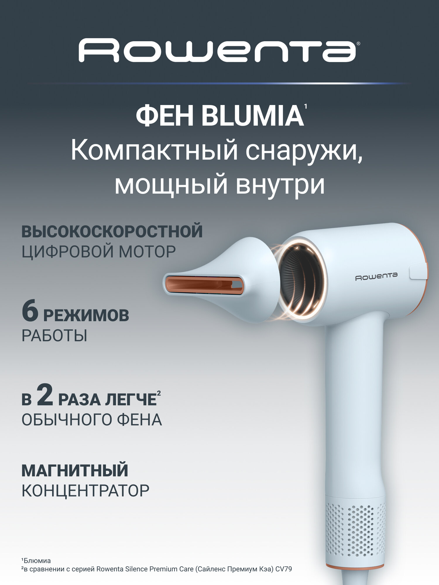 Фен Rowenta Blumia HY5N10E0, 1300 Вт, бесщеточный высокоскоростной мотор, быстрая сушка, легкий вес, ионизация