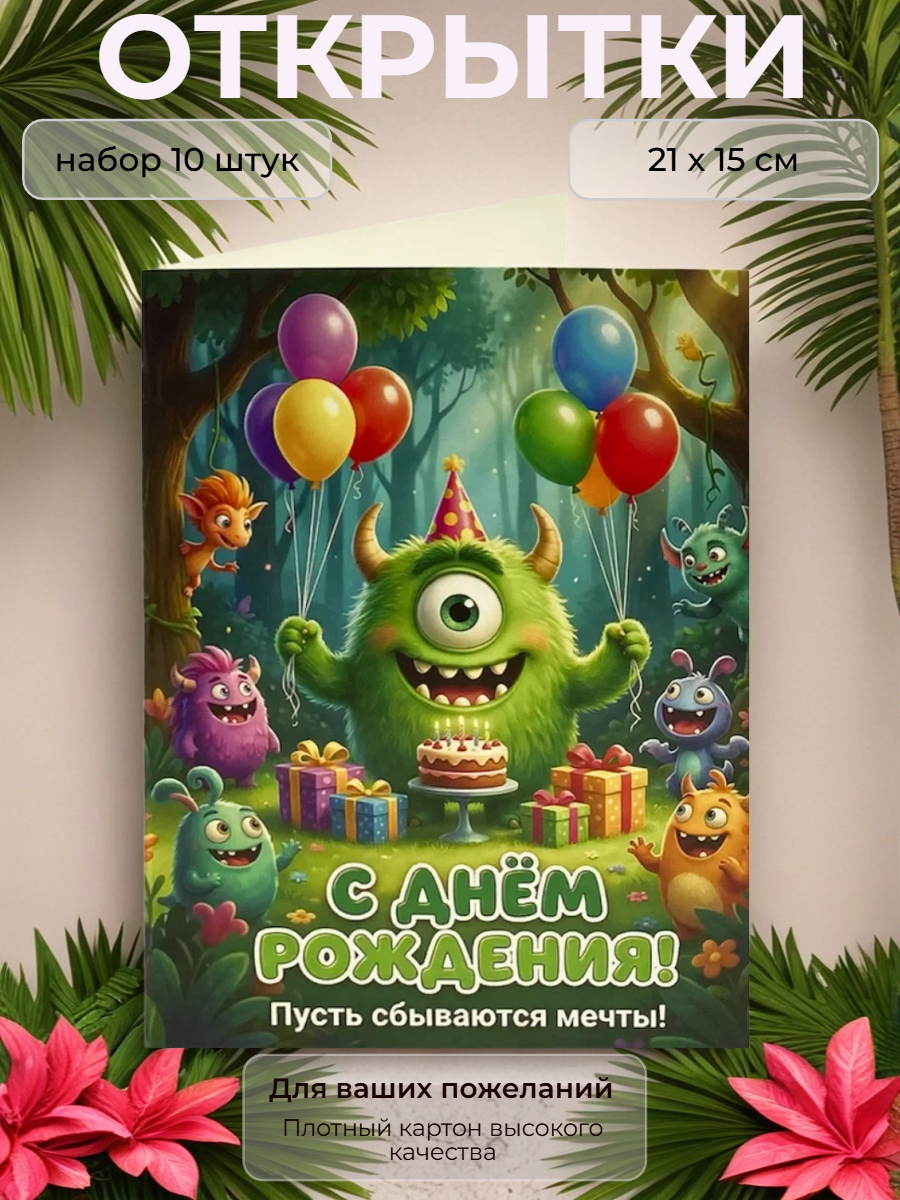 Открытка детская "С Днём Рождения" монстры, 21 х 15 см, набор 10 шт.