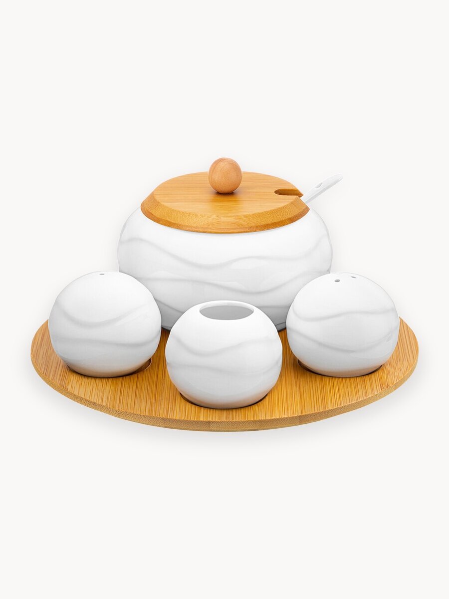 Набор - Сахарница 310 мл Elan Gallery Айсберг волны с ложкой + вазочка под зубочистки + перечница + солонка на подст.