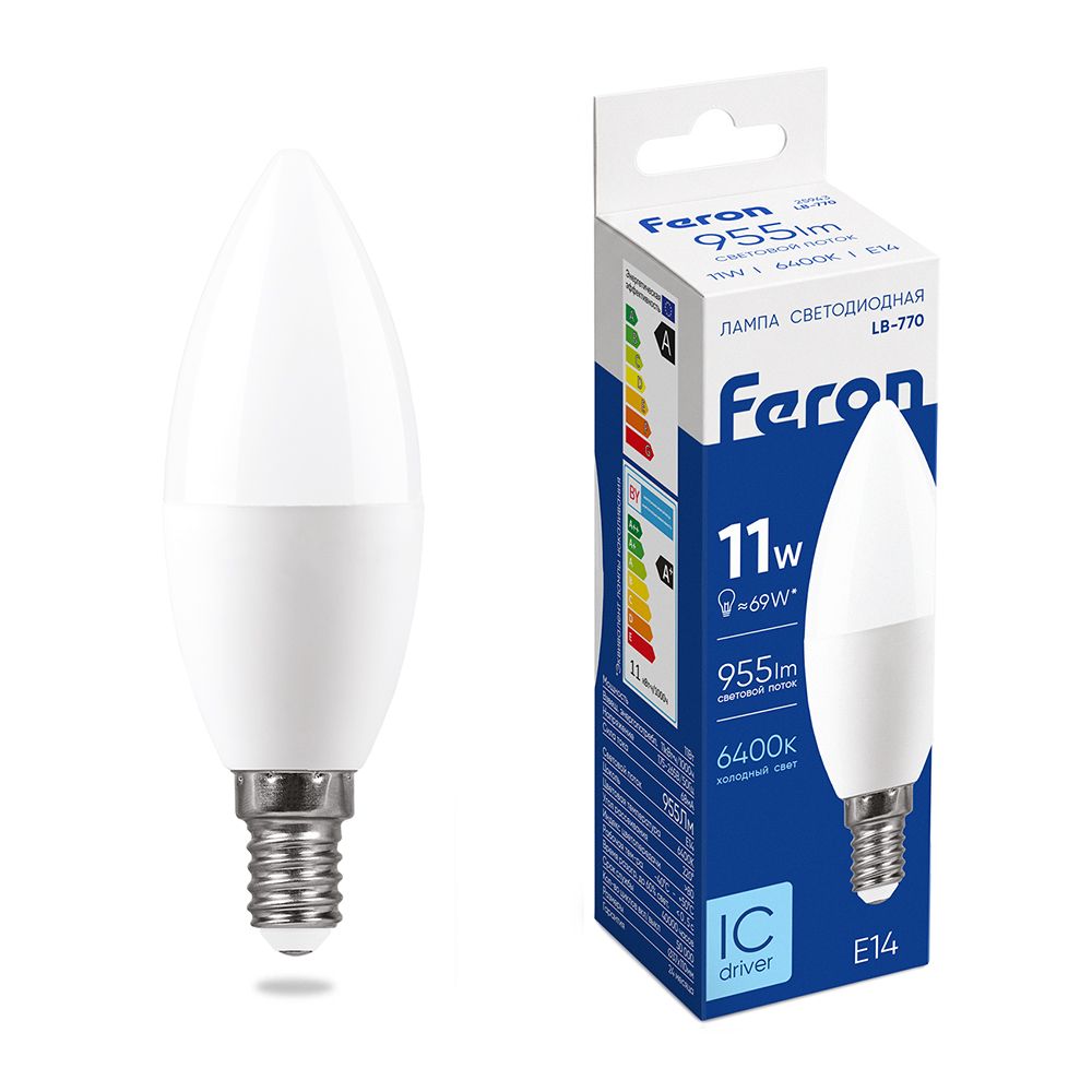 Лампа светодиодная LB-770 Свеча E14 11W 175-265V 6400K комплект 3 штуки, FERON 25943