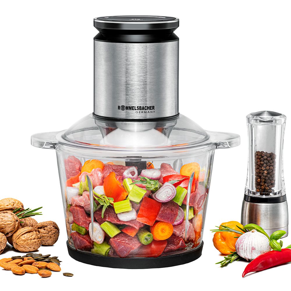 Измельчитель кухонный электрический Rommelsbacher MZ 800, 800 Вт, стеклянная чаша 2,7 л, 22 скорости, нож с 9 лезвиями, черно-серебристый