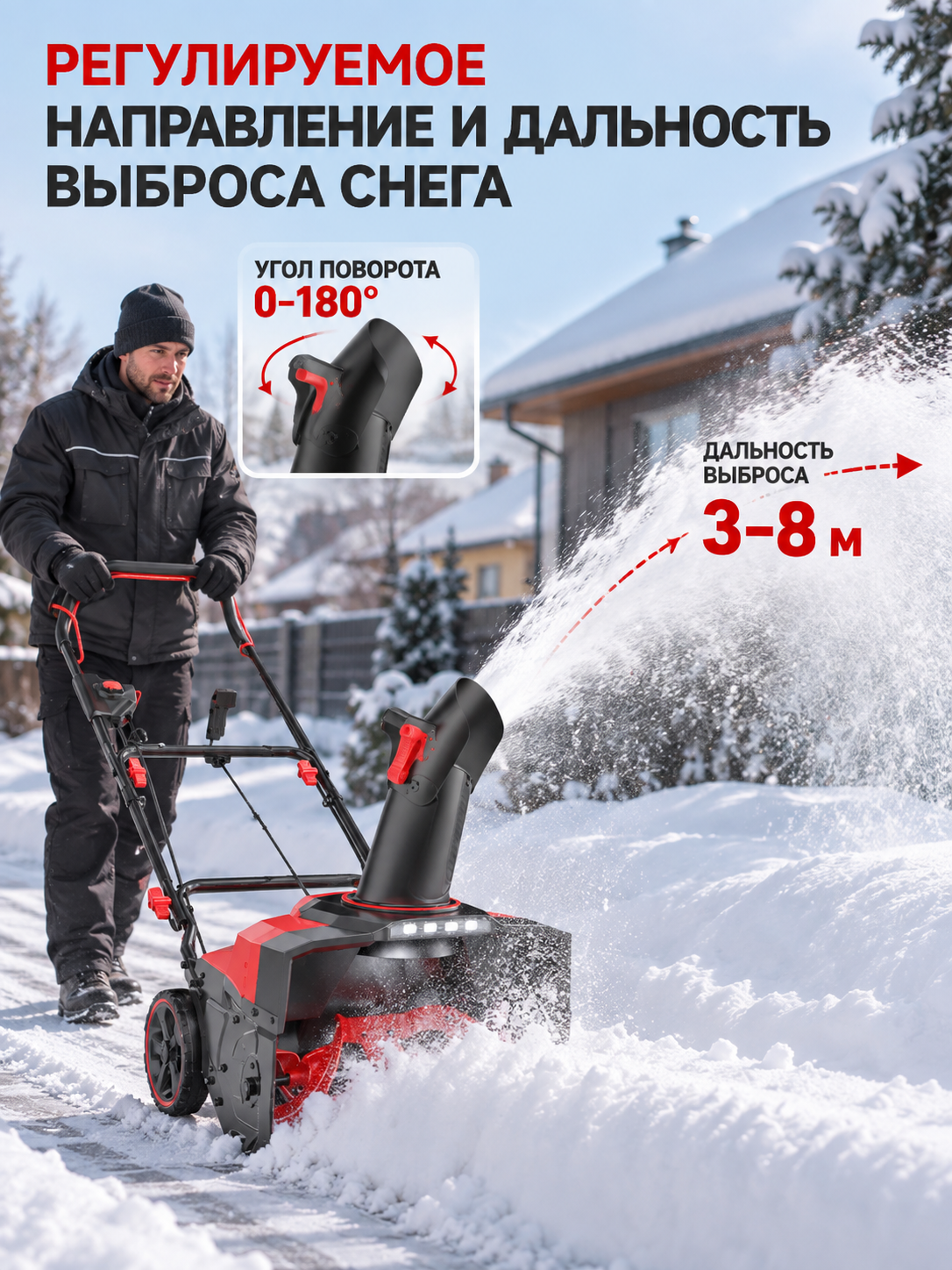 Снегоуборщик электрический 2000W 220V, металлический шнек, удлинитель 10м, ширина 54см, выброс 8м, фары led, колесный