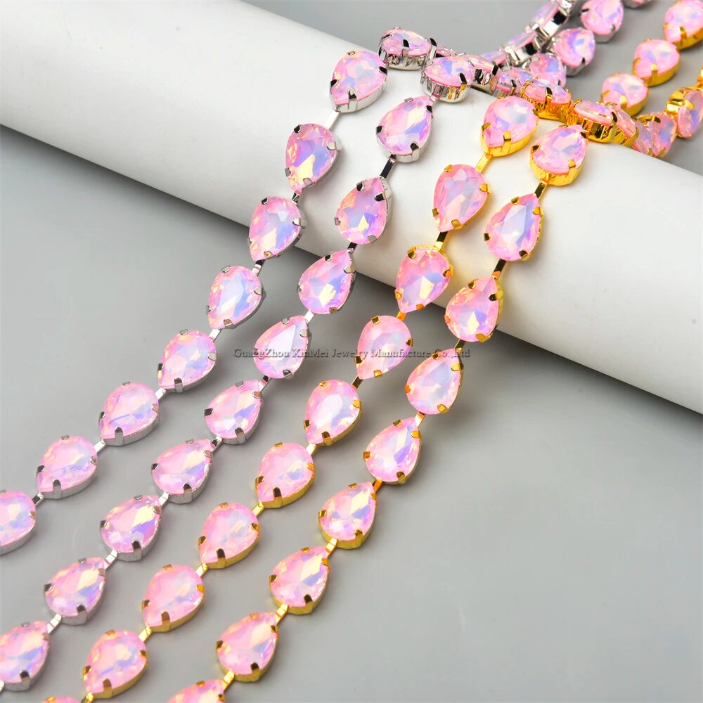 Цепочка XINMILLIE со стразами 10*14 мм 1 yard, 10x14mm Silver Base, pink opal
