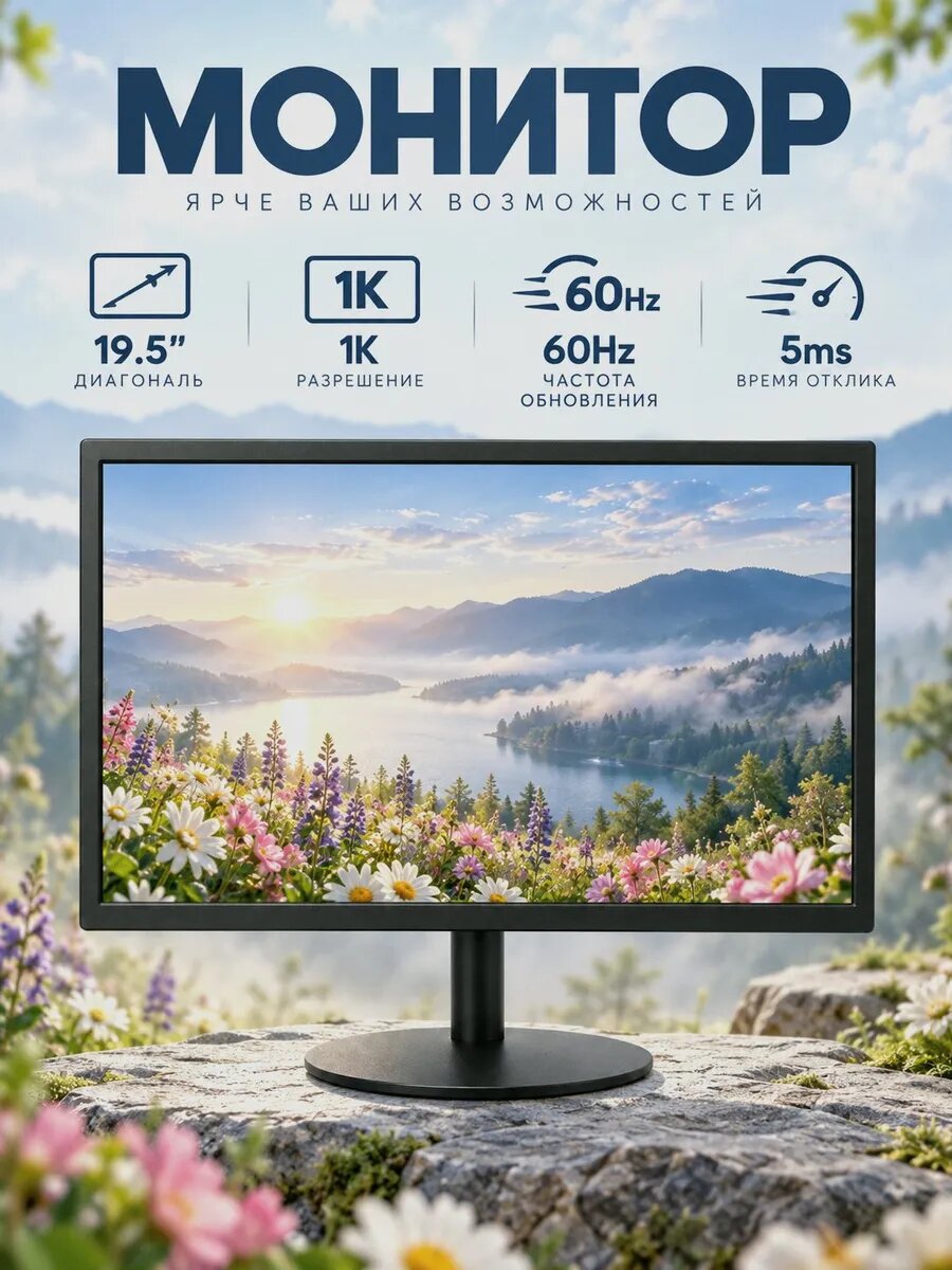 Монитор CrystalStorm, диагональ 19.5", 1600×900 пикселей, 60Гц, матовый, чёрный