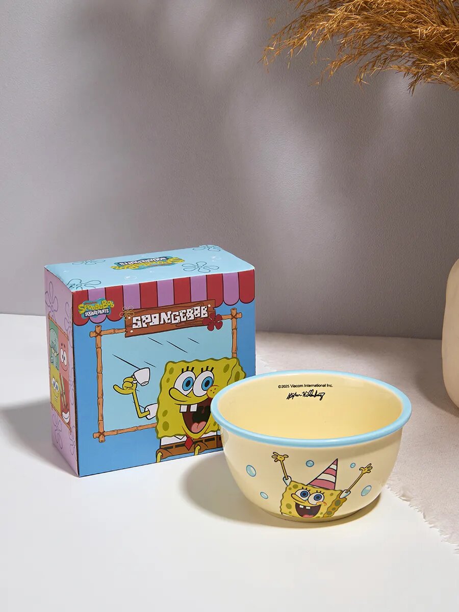 Тарелка Тепло в руках "Спанч Боб", керамическая, 300мл, желтая с голубой окантовкой — фото 1