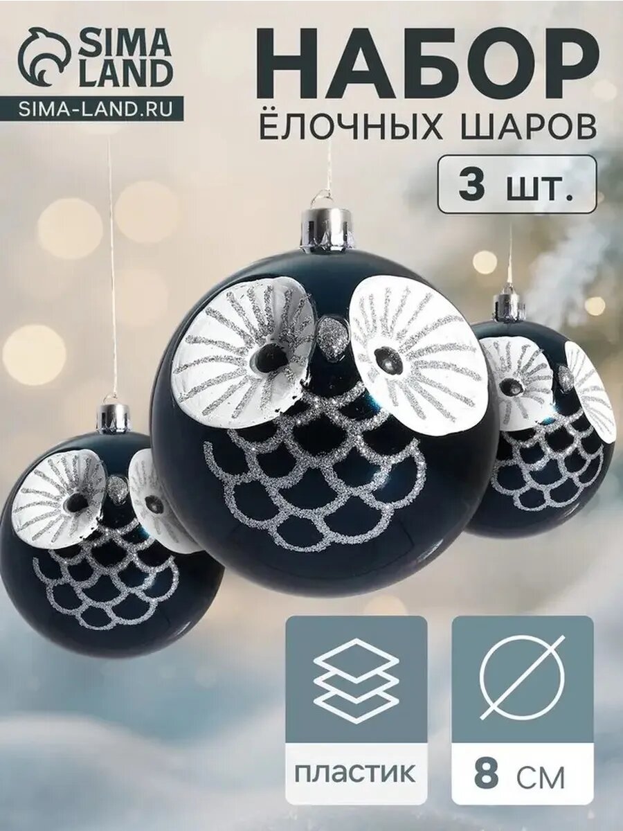 Синие новогодние шары с совушками, набор 3 шт.