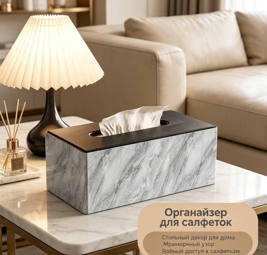 Стильная коробка для салфеток под мрамор, декоративный органайзер на стол,24*13*9.5cm