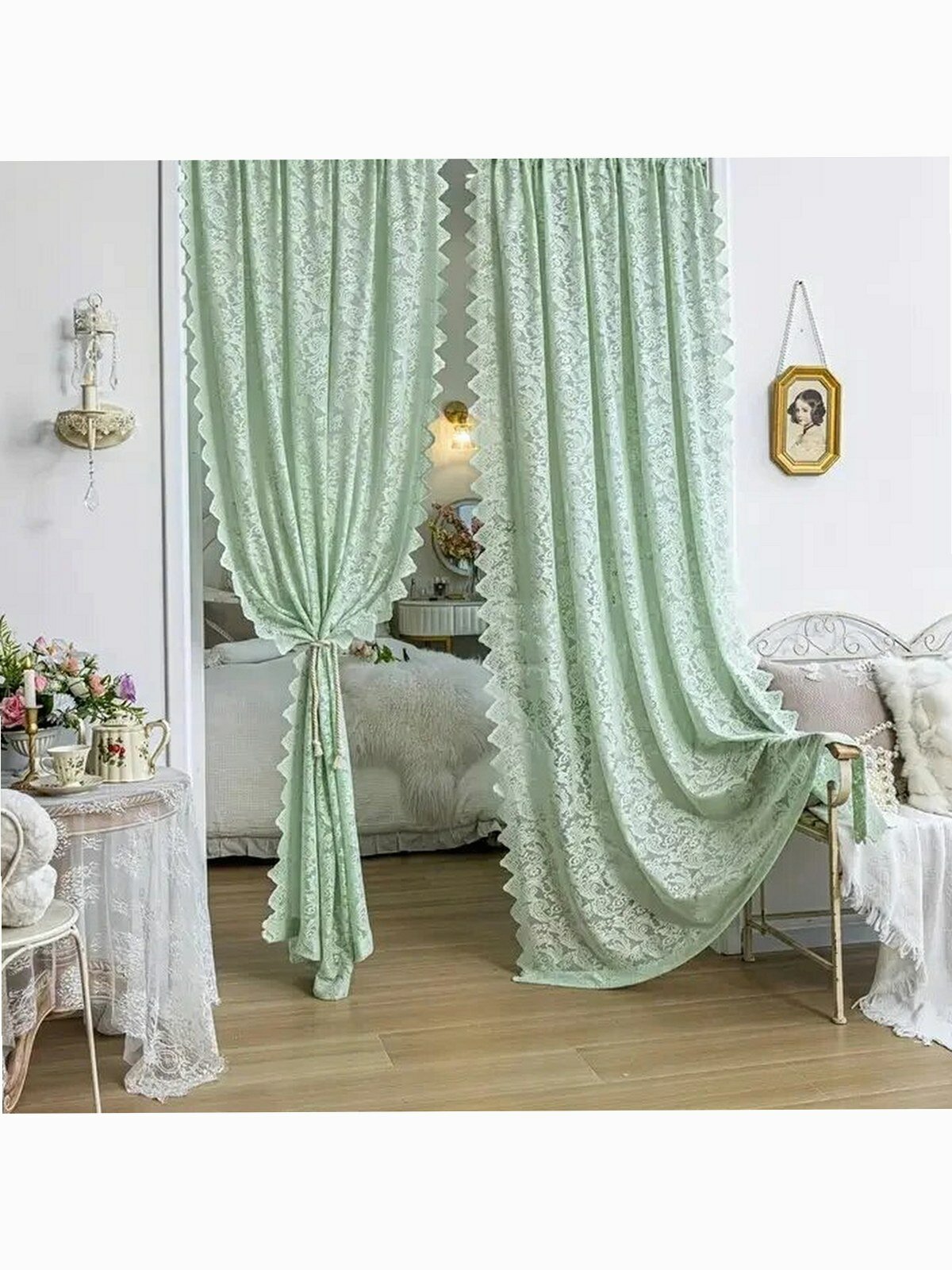 Зеленые полупрозрачные шторы во французском стиле 140X213Cm, 2Pcs