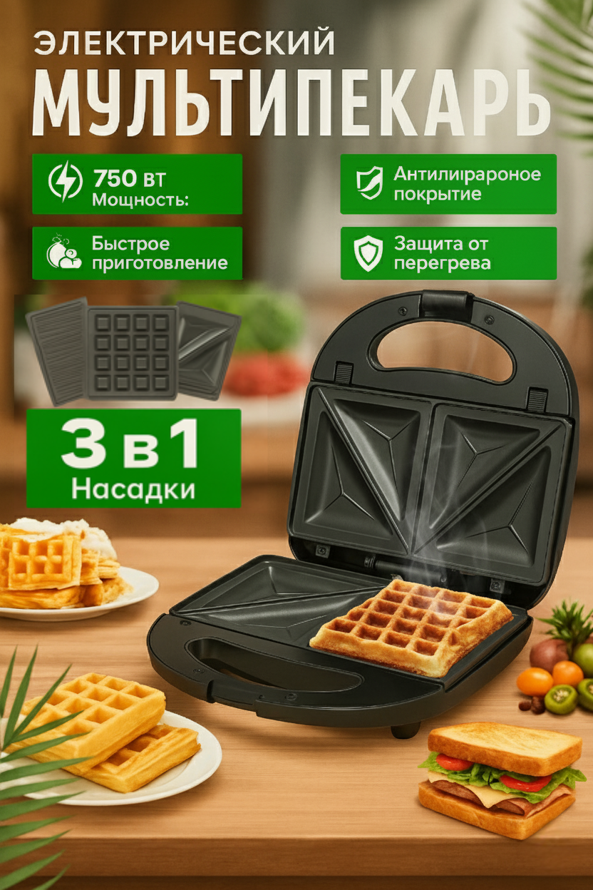 Многофункциональная вафельница-тостер, сэндвичница Orvica, 3 в 1