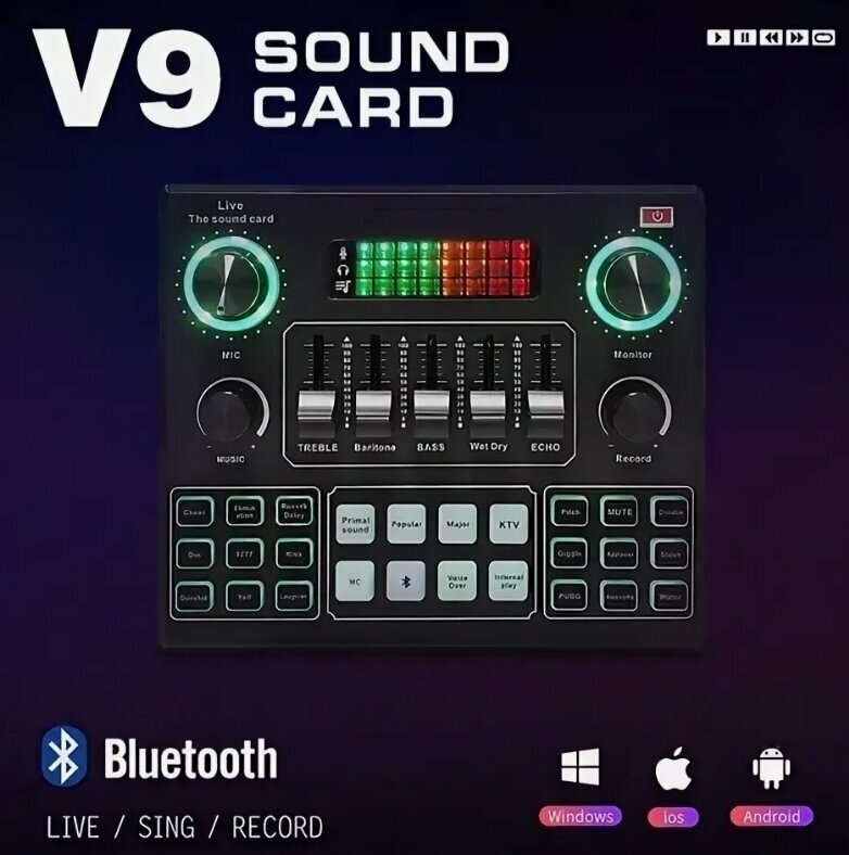 Звуковая карта Bom "V9", микшер 16 эффектов, Bluetooth, проводное подключение для стримов, подкастов, блогеров, интервью, вокала