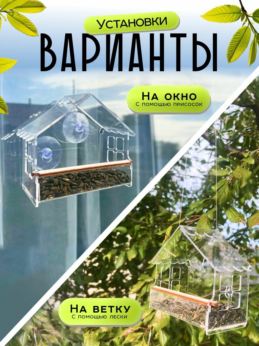 Кормушка для птиц на окно мини на присосках домик прозрачная — фото 1