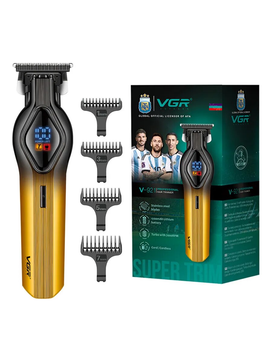 Триммер VGR V-921, для бороды и волос, с турборежимом и LED-дисплеем, золотистый