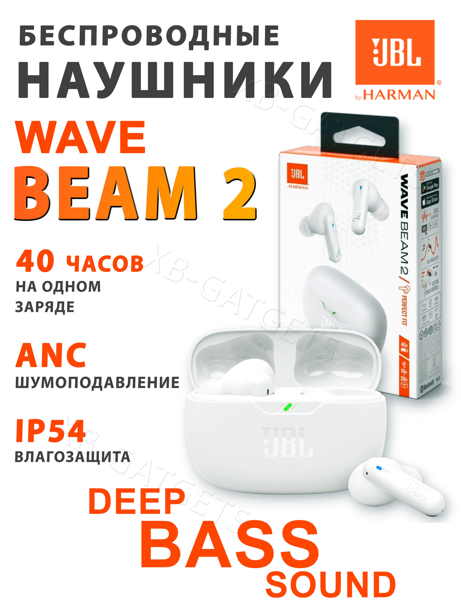 Hayшники беспроводные JBL WAVE BEAM 2 в белом цвете, Глобальная версия