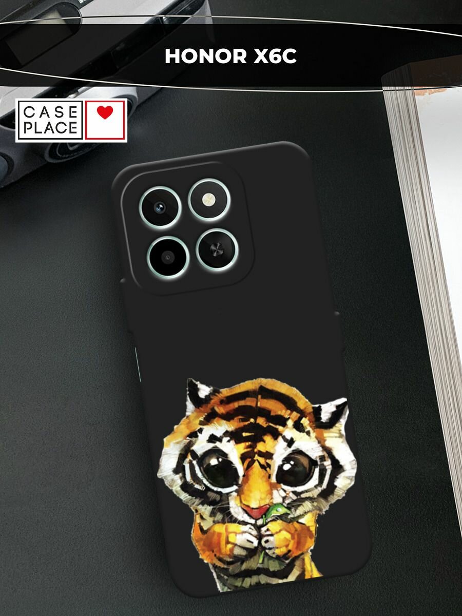 Черный матовый чехол на Honor X6c / Хонор X6c с принтом "Большеглазый тигренок"