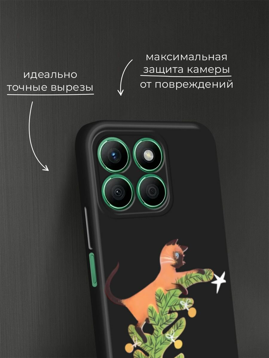 Черный матовый чехол на Honor X8B / Хонор X8B с принтом "Кот на елке" — фото 1