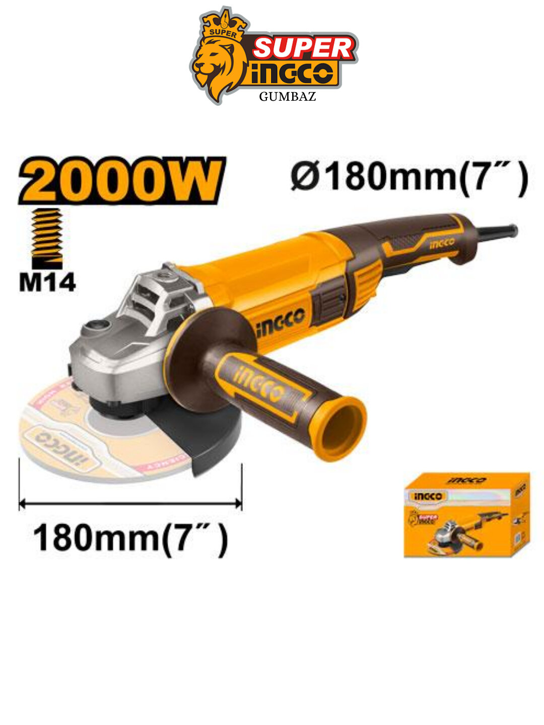 Углошлифмашина INGCO AG200018, 2000Вт, 180мм, блокировка шпинделя, пылезащита