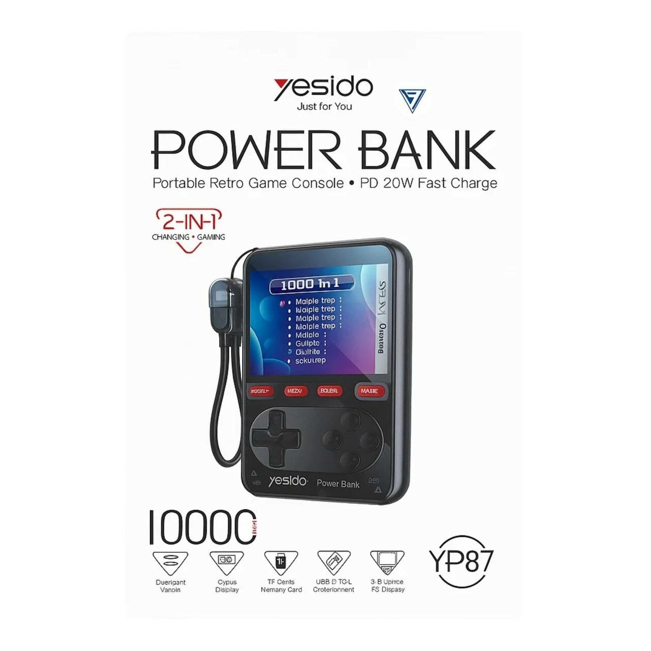 Yesido YP87 — Повербанк 10000 мАч с ретро игровой консолью, экран 2.8” PD 20W, TF карта, портативное зарядное устройство