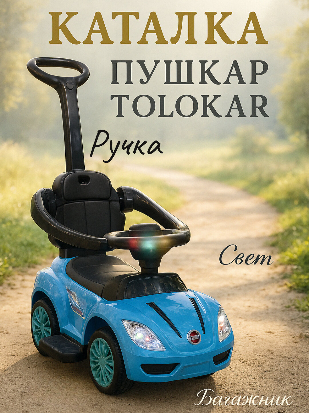 Каталка детская, толокар с ручкой, рулем, спинкой, беговел, толокар