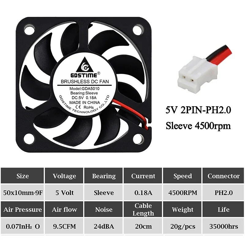 Вентиляторы Gdstime GDA5010 50 мм 5V Sleeve PH2.0 9F