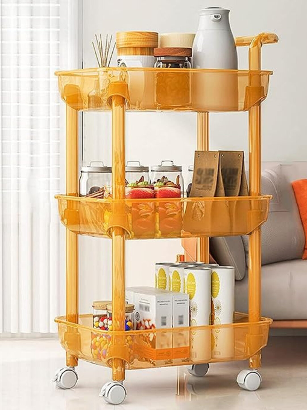 Прозрачная 3-уровневая этажерка на колёсах – прочная пластиковая тележка-органайзер