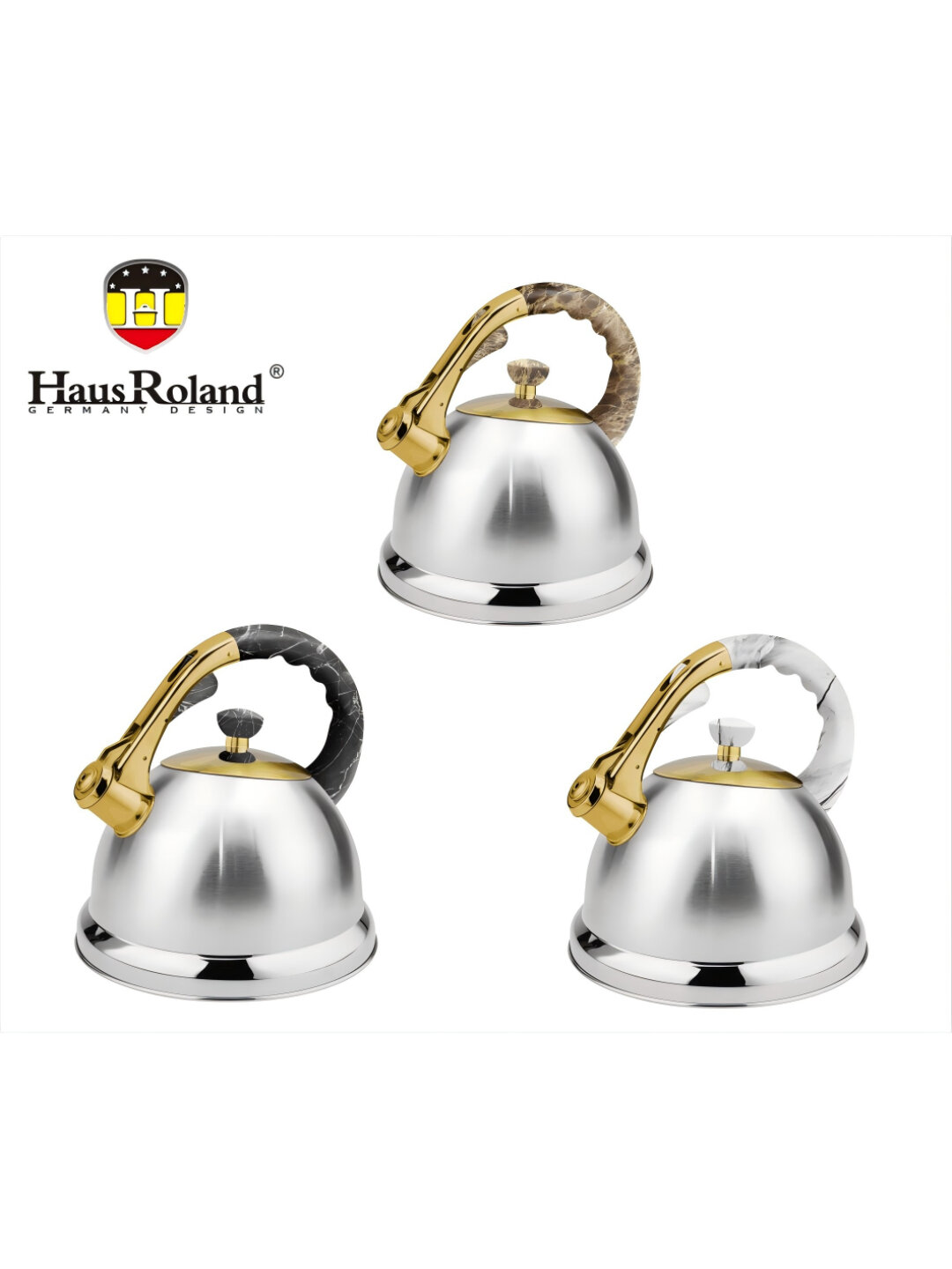 Чайник HausRoland из нержавеющей стали — с мраморной ручкой, со свистком - Черный