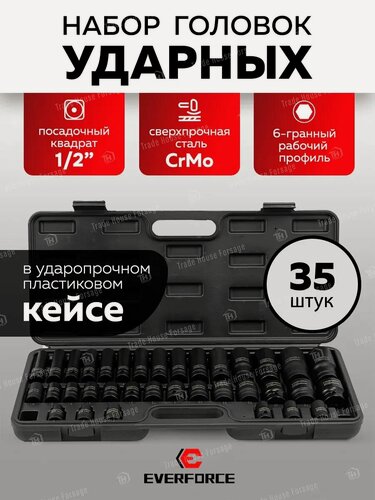 Изображение товара Набор ударных 6-гранных головок 1/2", 35 предметов