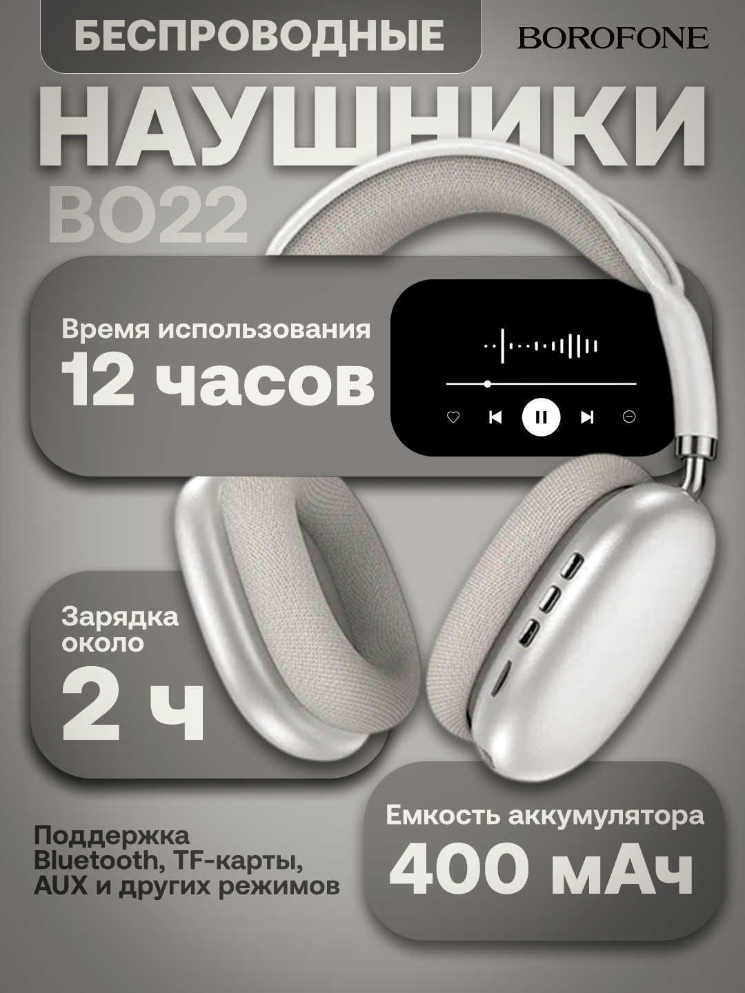 Беспроводные наушники Borofone BO22, полноразмерные, с микрофоном,400 мАч, 12 часов работы