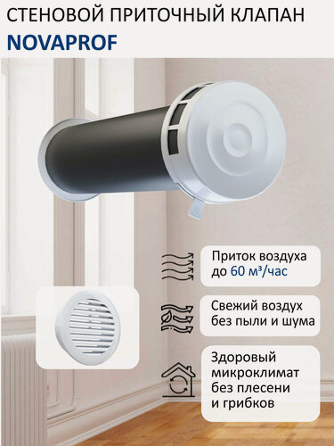 Изображение товара Приточный клапан стеновой NovaPROF КИВ-125 с круглым оголовком, с трубой 0,5 м, решеткой RAL9016