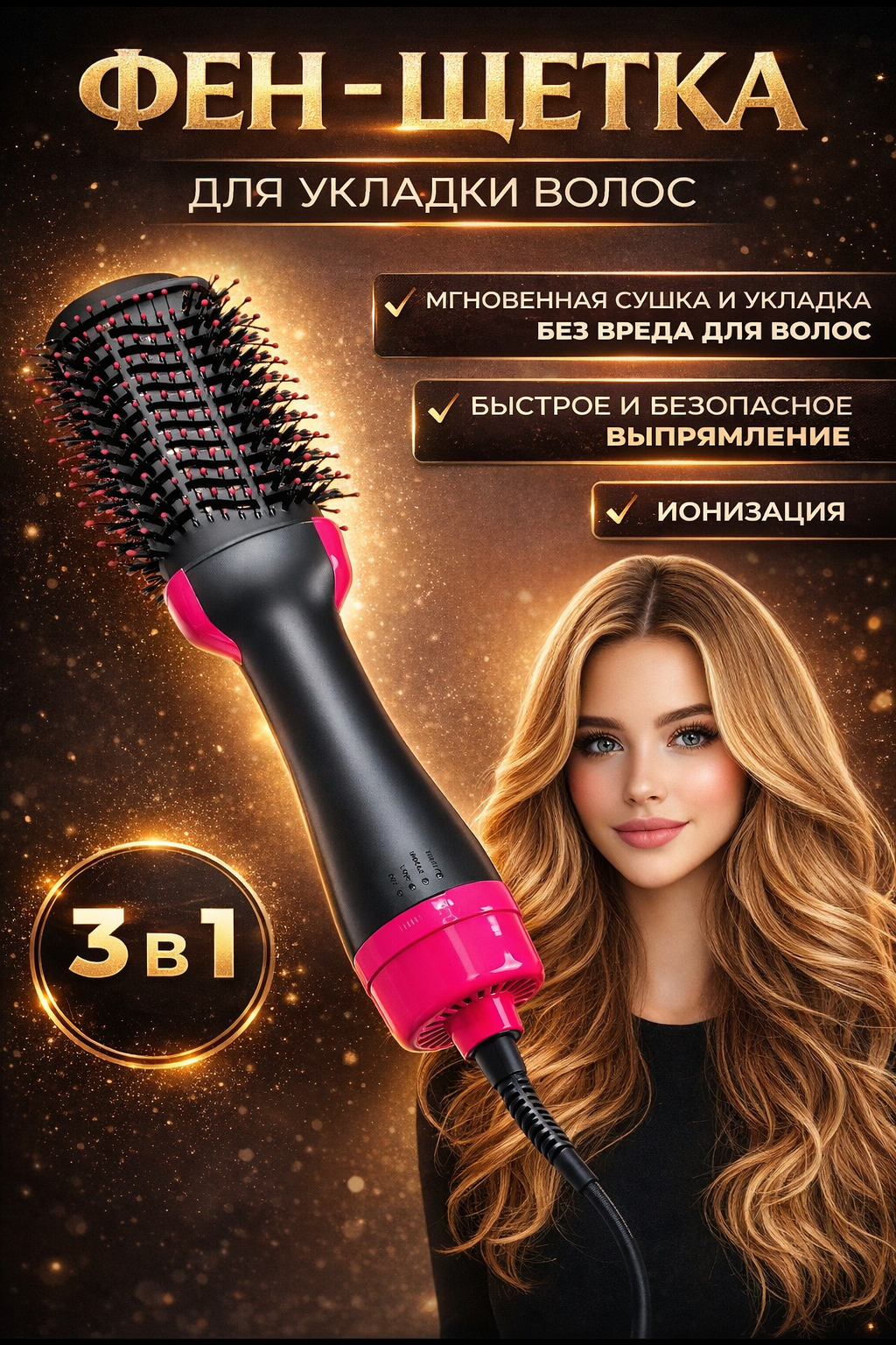 Фен-расчёска One Step, ионизация, вращение шнура, 3 температурные режима