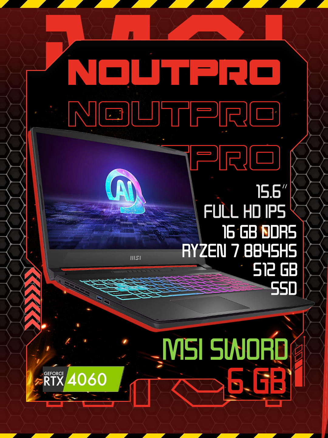 Ноутбук MSI SWORD KATANA GF66 Ryzen 7 8845HS DDR5 16/512SSD RTX 4060 8GB 15.6FHD Ips 144HZ