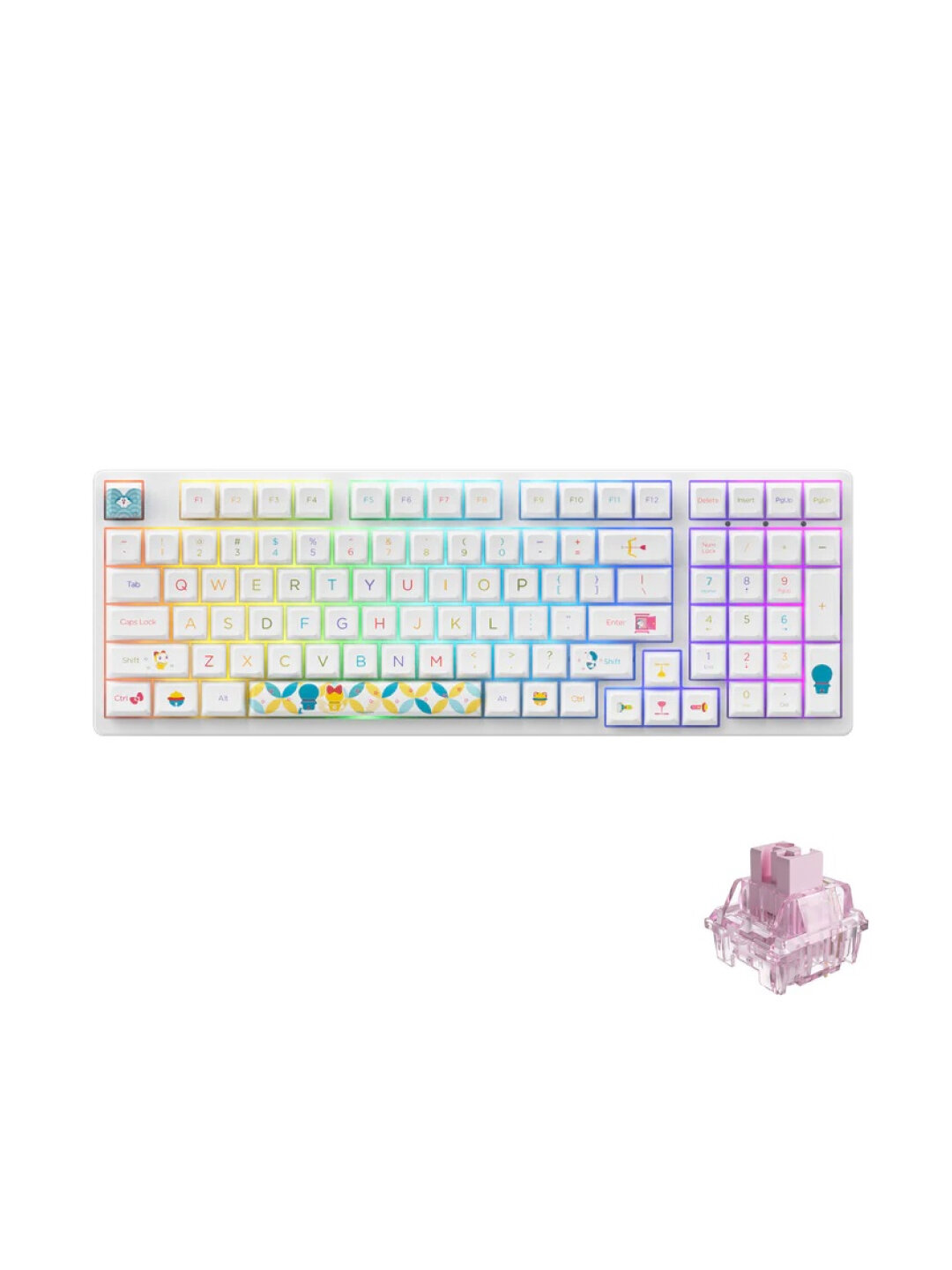 Механическая клавиатура Akko 3098B Doraemon Rainbow, 98 клавиш, CS Jelly Pink, RGB, USB-C, компактная, белая