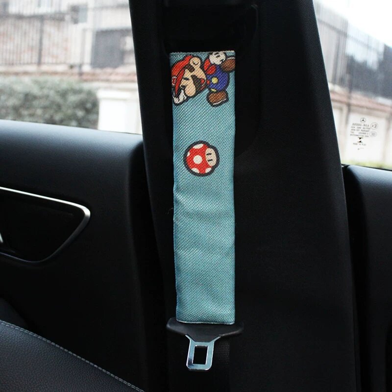 Комплект из двух подушек для ремня безопасности из хлопково-льняной ткани с дизайном Марио, годится для любого времени