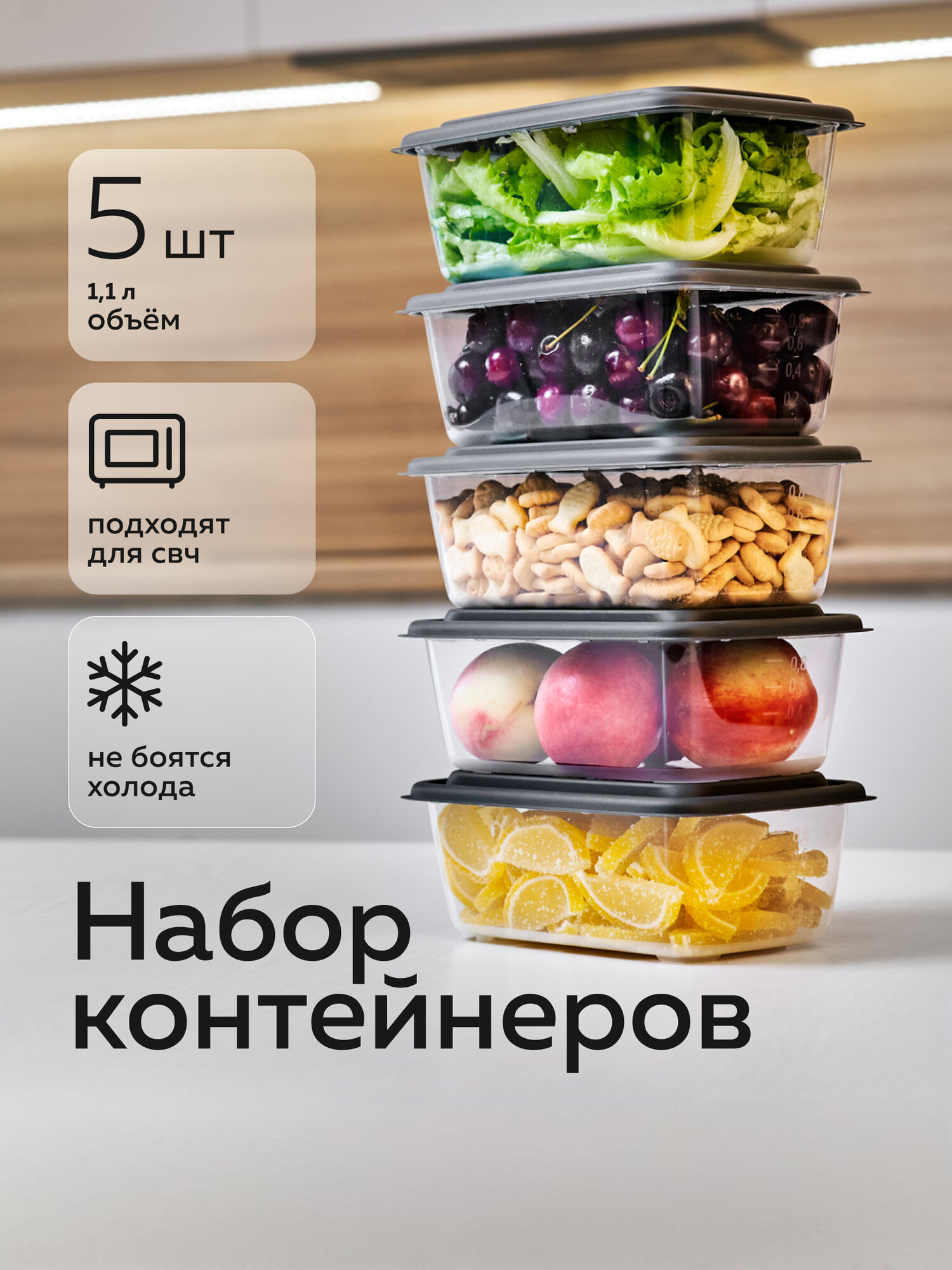 Набор контейнеров «Гурман», Альт-Пласт, графит, 1,1лх5 (5шт)
