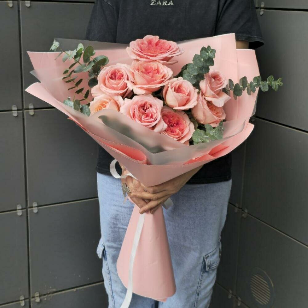 Букет из 9 пионовидных одноголовых роз Лондон Ай 60см цветочная улыбка