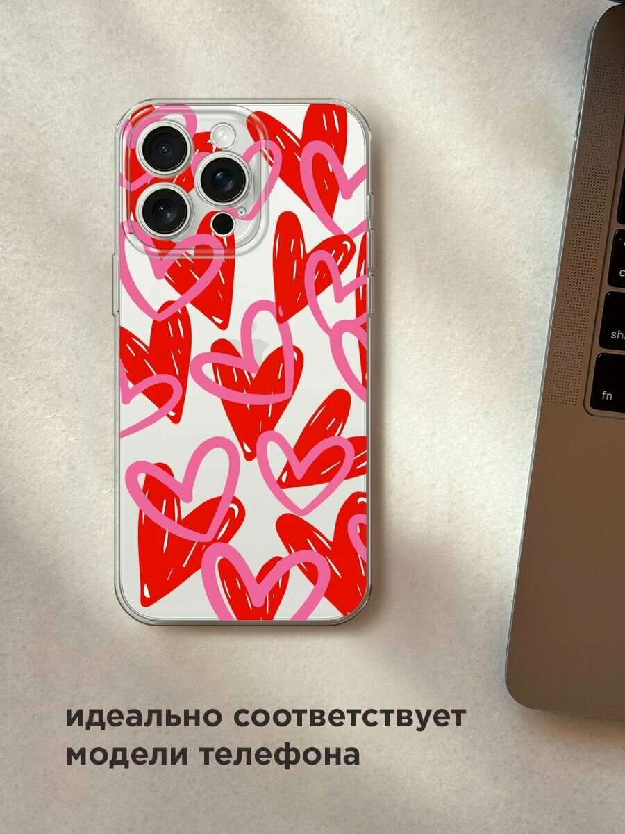 Чехол на Apple iPhone 15 Pro Max / Айфон 15 Про Макс с принтом "Hearts doodles - 14 февраля", прозрачный — фото 1