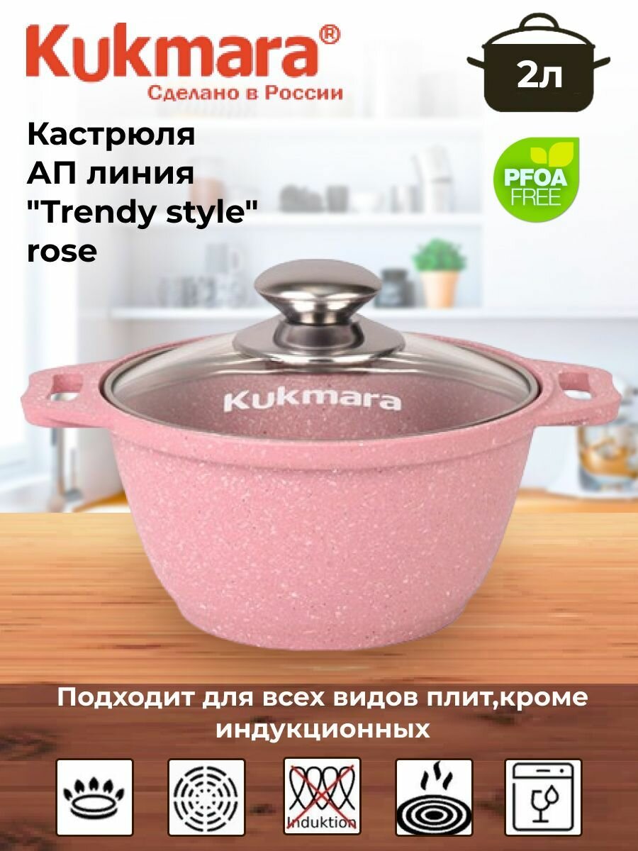 Кастрюля 2л со стеклянной крышкой, АП линия "Trendy style" (rose)