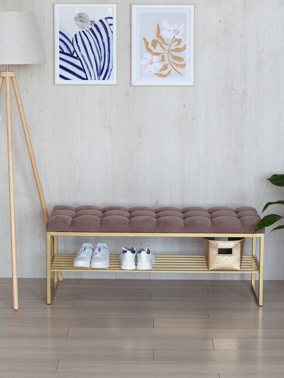 Банкетка в прихожую GREENWEEN RUBY, золотая, Mocco, каретная стяжка, 1100х400х450 — фото 1