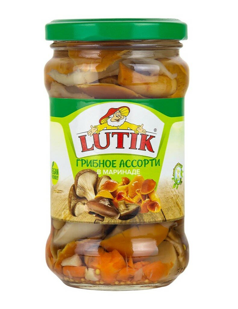 Грибное ассорти Lutik в маринаде, вешенки, грузди, опята, 314 мл