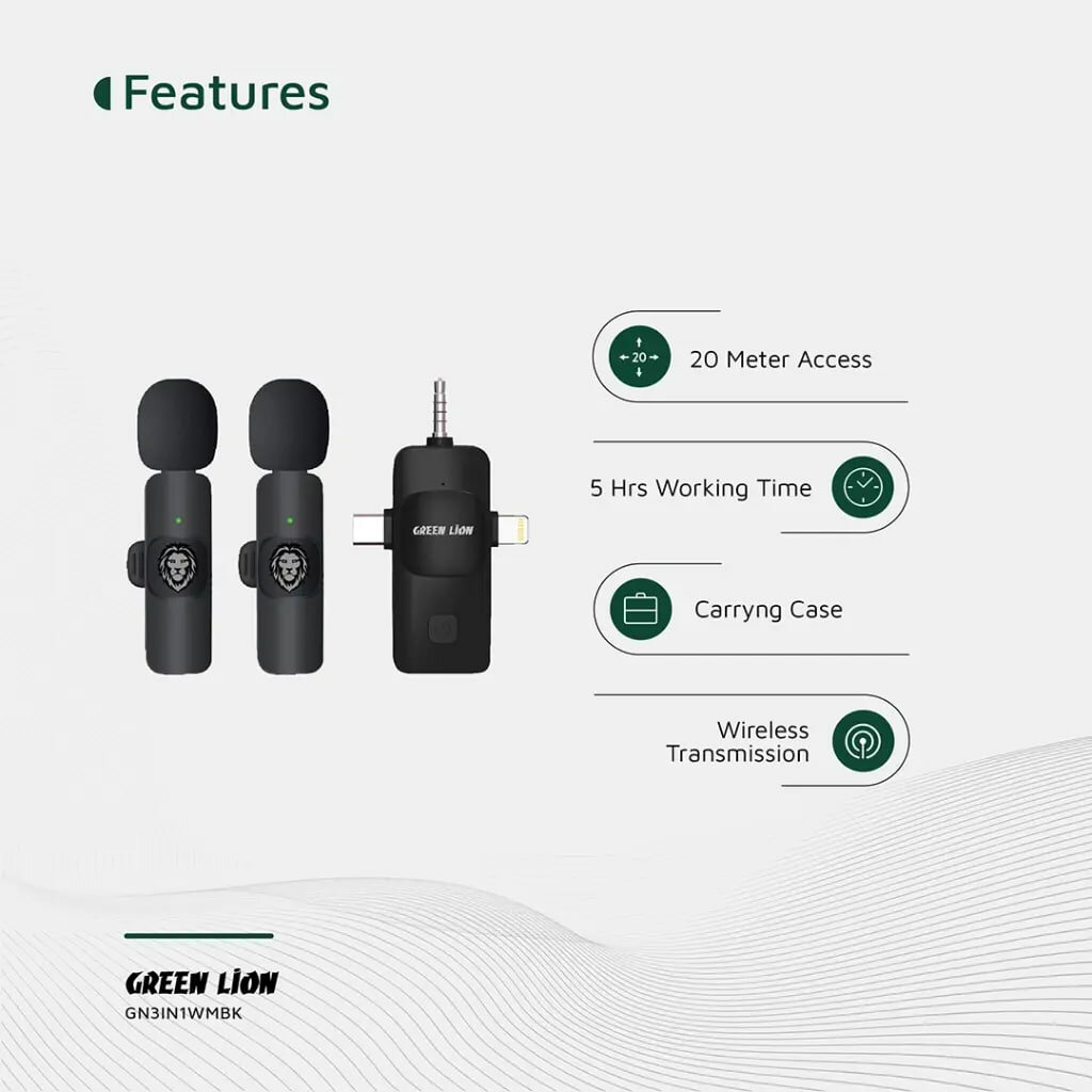 Микрофон Green Lion 3 в 1, разъемы Type-C / Lightning / Aux - зеленый — фото 1