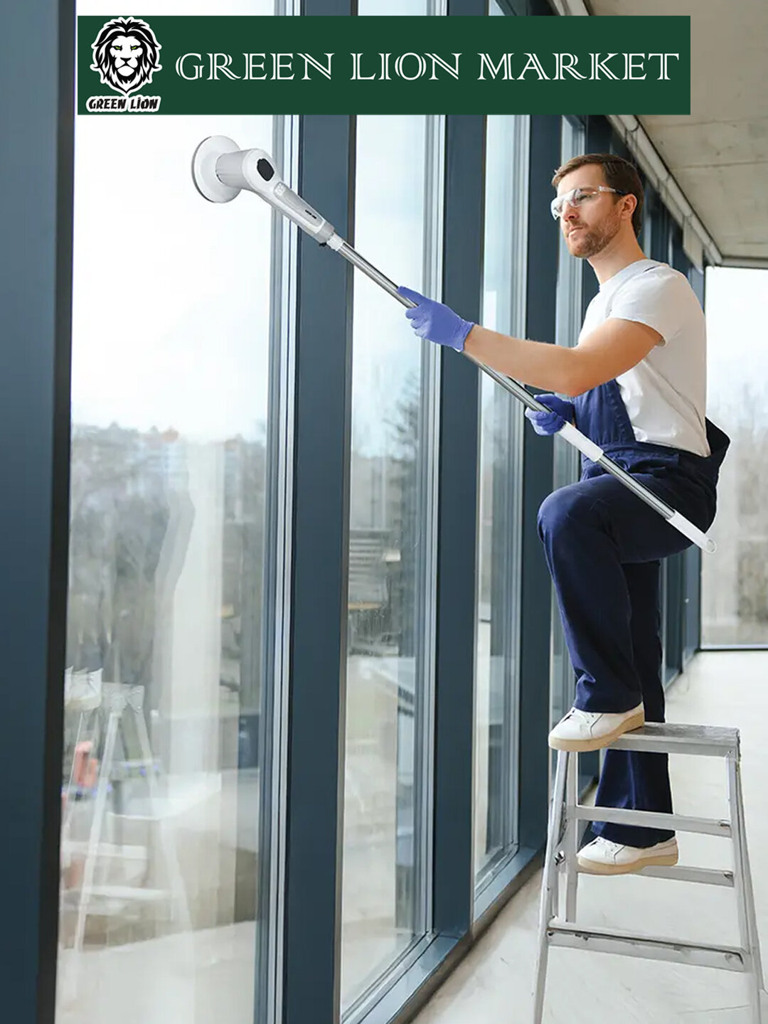 Швабра с насадками, для мытья окон и полов электрический отжимной скруббер Green Lion 5в1