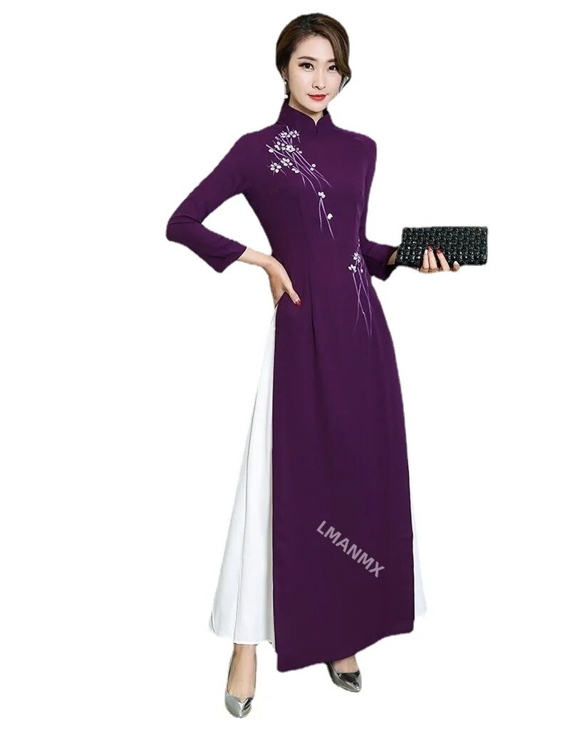 Женское ретро Ao Dai с цветочным принтом XXL, dress