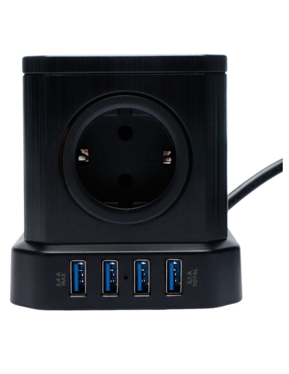 Cablexpert Tower Сетевой фильтр TWR-5-U4-B-2. 5 раз, 10А, 4xUSB, 3.1A, 2м, уровень защиты 4+ цвет черный — фото 1
