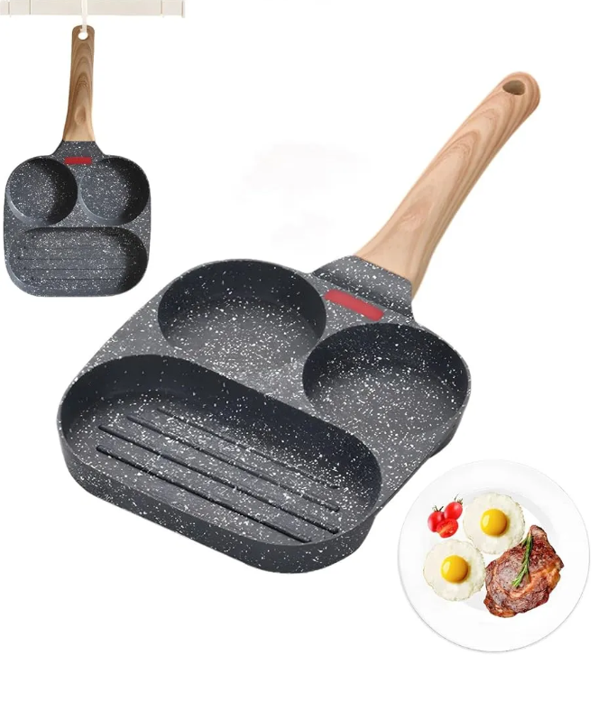 Сковорода с антипригарным покрытием и деревянной ручкой удобна для приготовления завтраков, яиц, бургеров и овощей.