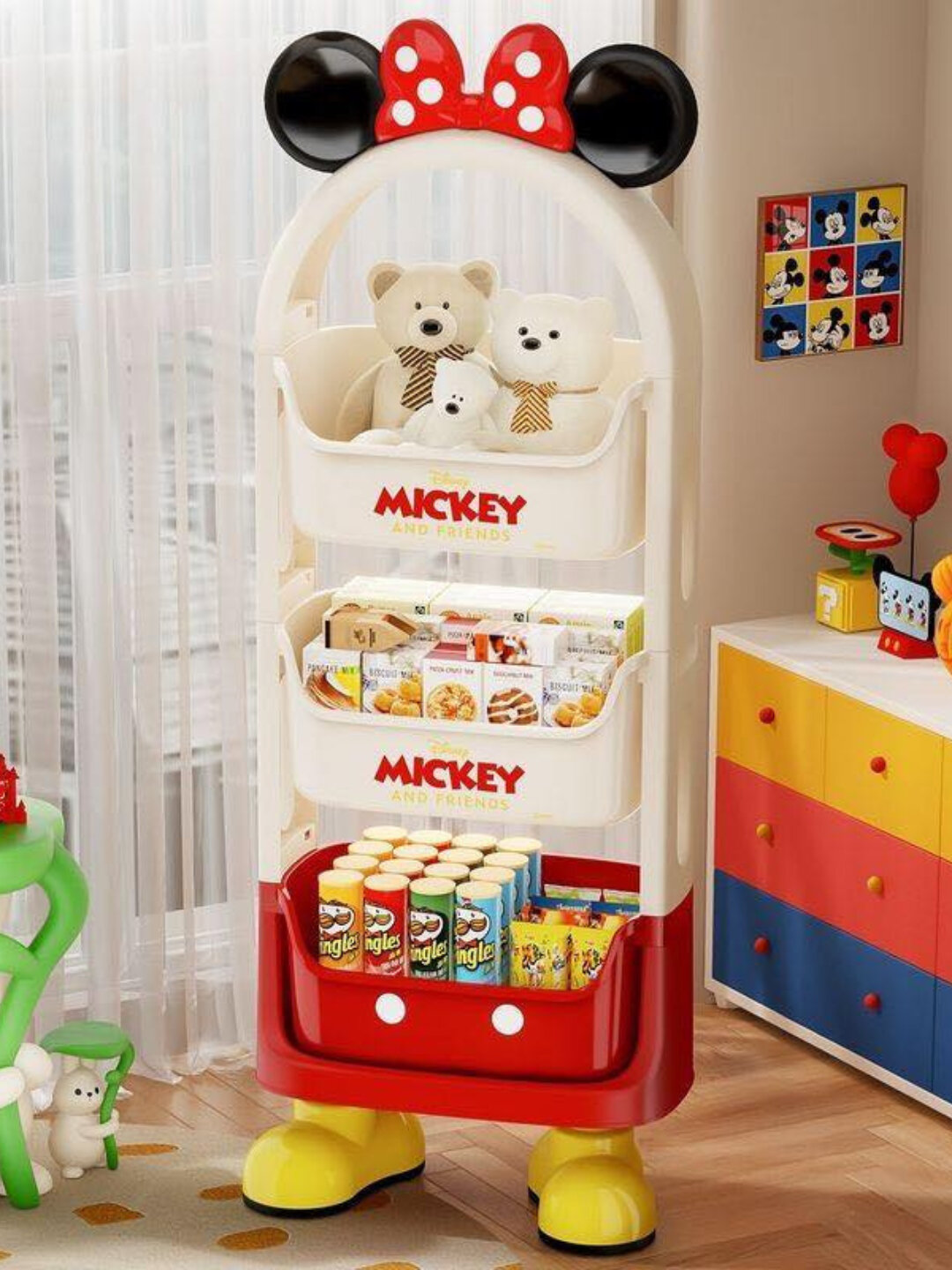 Детский стеллаж-тележка на колёсах — 3-ярусная пластиковая этажерка для игрушек и книг - Кремовый