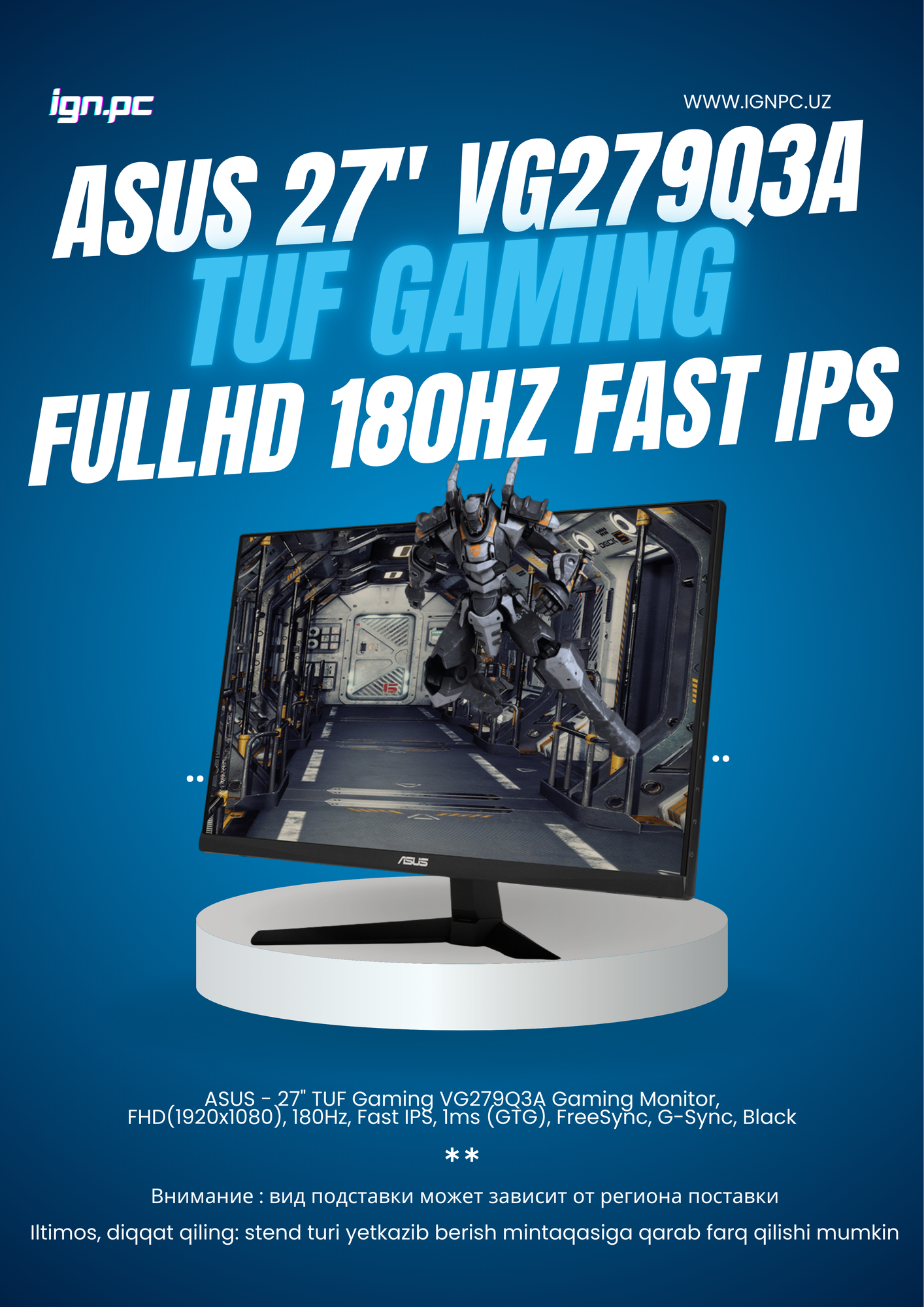ASUS - 27" TUF Gaming VG279Q3A Gaming Monitor, FHD(1920x1080), 180Hz, Fast IPS, 1ms (GTG), FreeSync, G-Sync, Black